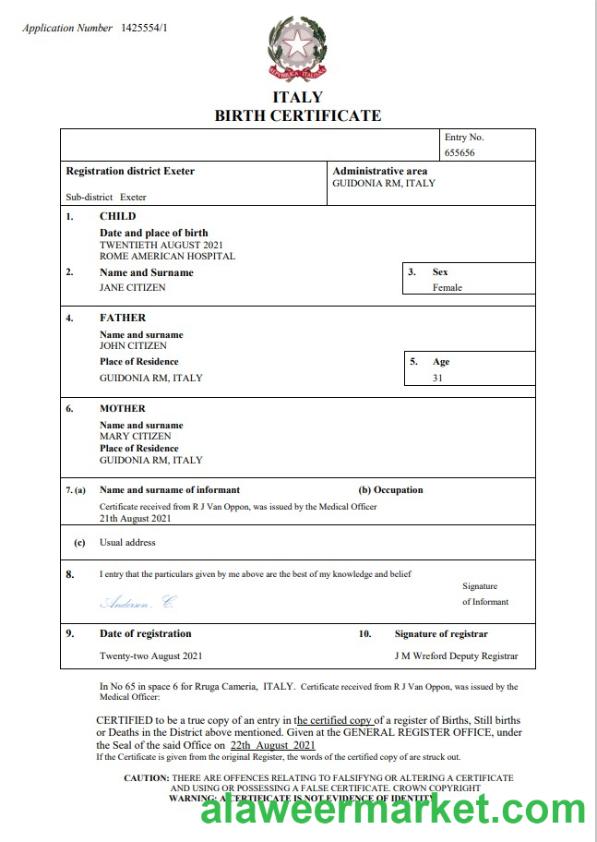 Italy birth certificate Word and PDF template, completely editable